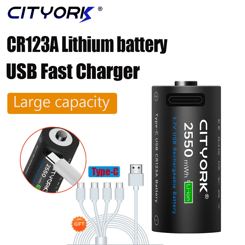 

CITYORK CR123A 16340 Rechargeable Battery 3.7V 2550mWh 16350 lithium Micro USB Rechargeable battery For Flashlight CR123 CR17345