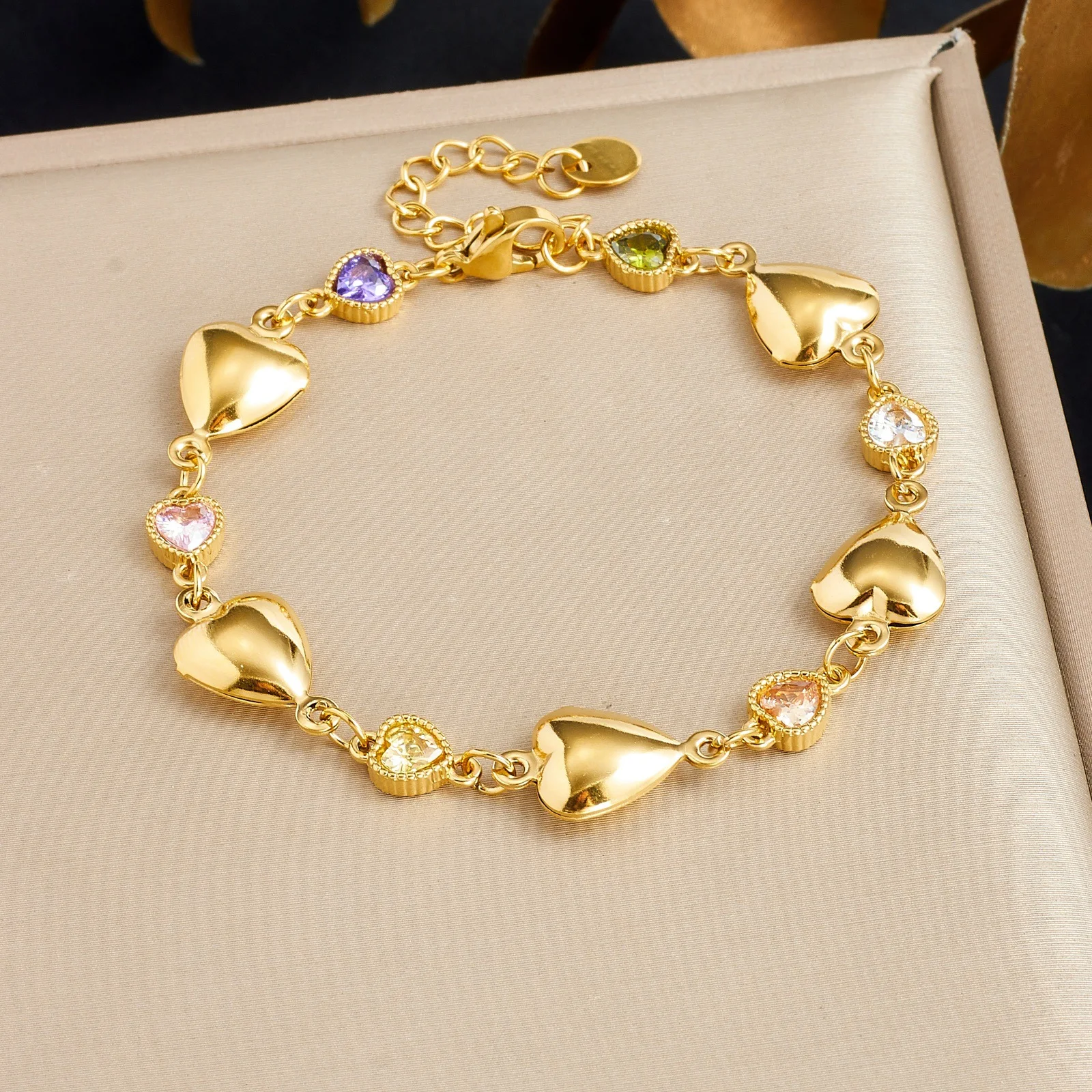 18K Gold Heart Star Charm Bracelet Colorful Crystal Stainless Steel Hypoallergenic Colorfast Jewelry for Women Daily Wear Gift
