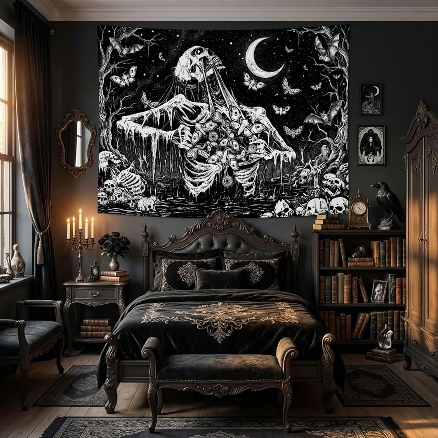 Wall Tapestry for Bedroom Wall Tapestry Aesthetic Gothic Black and White Tapestry, Dark Skeleton Skull Moth Demon Moon