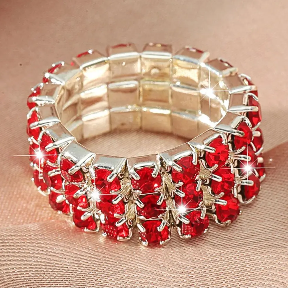 Trendy  Multilayer 3 rows Crystal Clear chain Rhinestone Sparkling Shiny Elastic Ring For Women bridal Fashion Jewelry