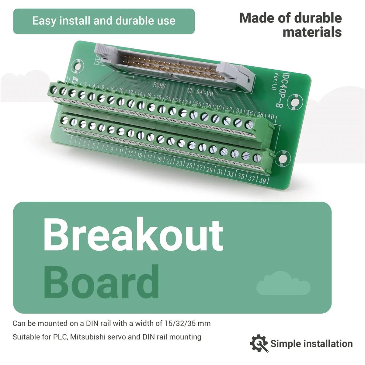 B66C IDC40P 40Pin Connector Strip Breakout Board Terminal Block Plug PLC Interface with Bracket, for PLC, DIN Rail Mount