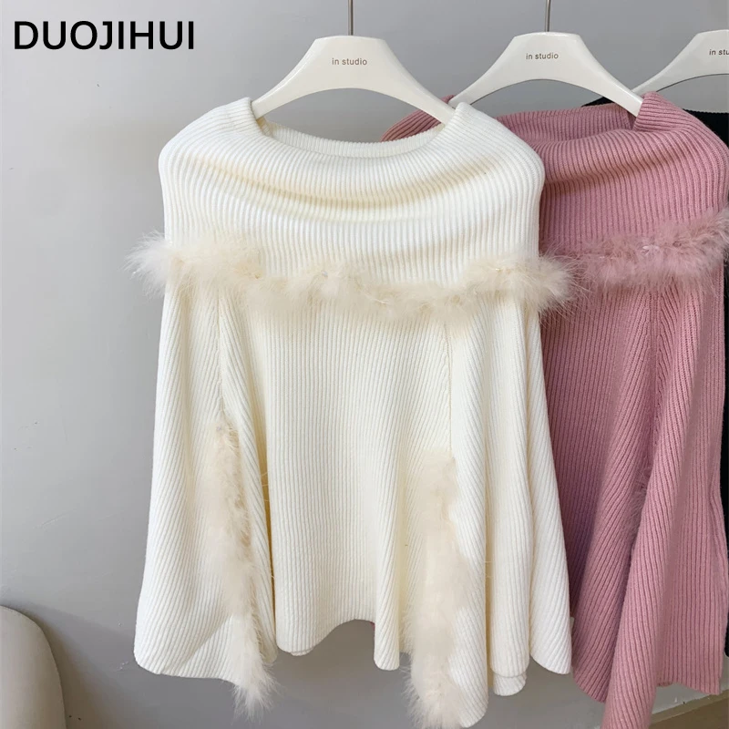 DUOJIHUI-Ponchos de manga comprida feminino, pulôver listrado básico, suéter doce e chique, solto, cor pura, moda casual feminina, novo