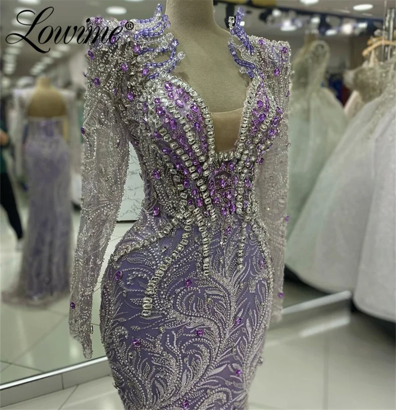 Aso Ebi Crystals Mermaid Prom Dress Purple Beaded Sequined Long Sleeves Arabic Evening Dresses 2024 Customized Robes De Soiree