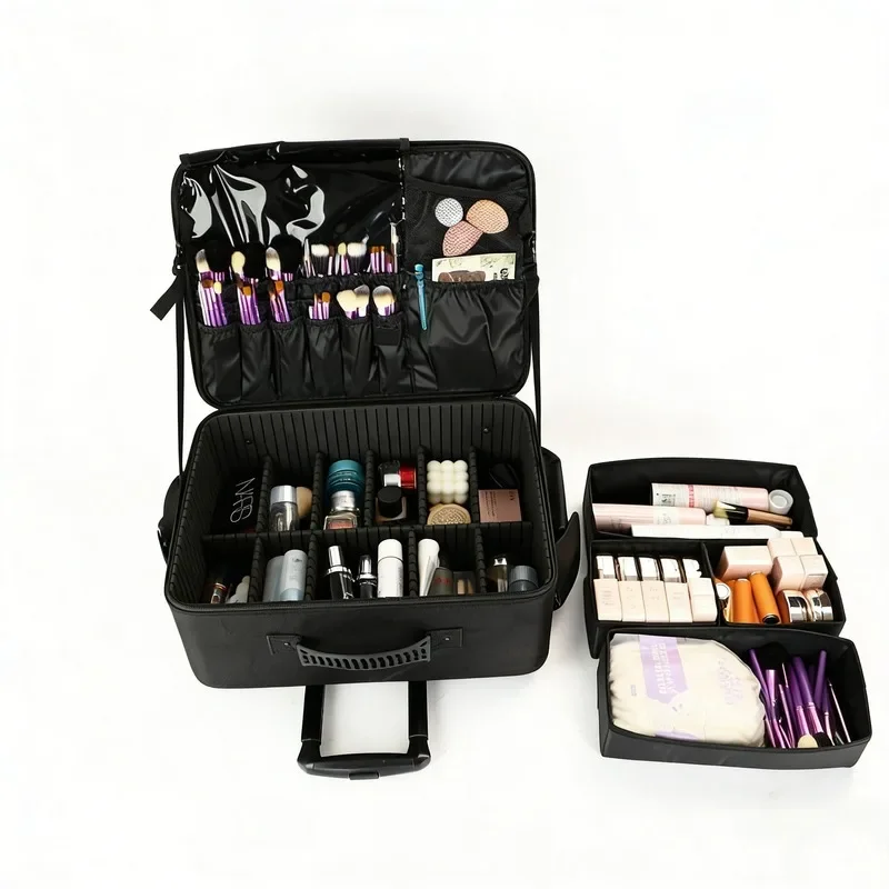 Professional Rolling Makeup Case Large Capacity Portable with Spinner Wheels Multi Layer Divider Storage for Makeup Artist Brow