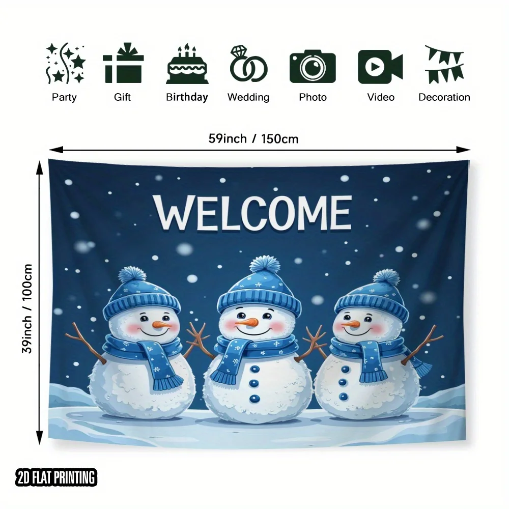 2D Flat Print 1pc Tapestry, Welcome Three Snowmen Dark Blue Background Wall Hanging, Christmas Tapestry, Bedroom Decor