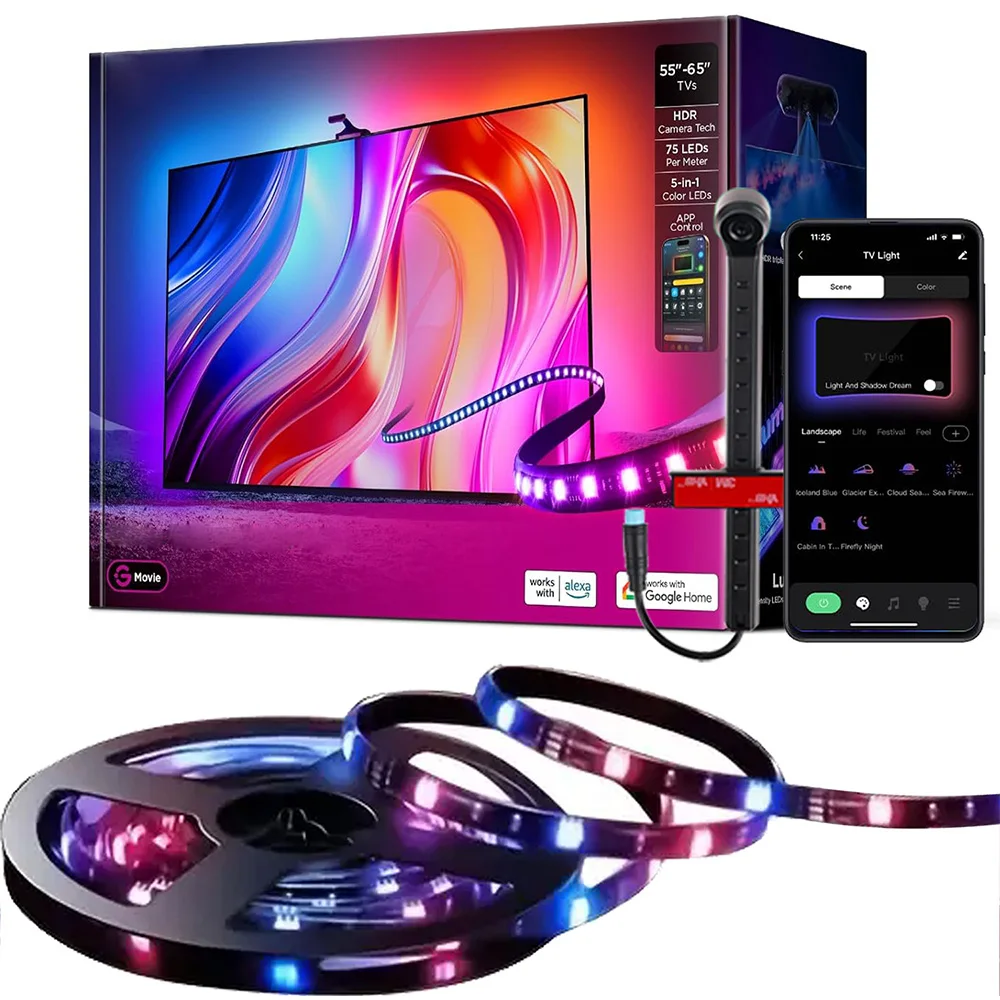Rgbic Led Tv Backlight Strip With Ar Sensor Sync Rgb Light For 55-75 Inch Tv/monitors Dynamic Color Changing Ambient Light
