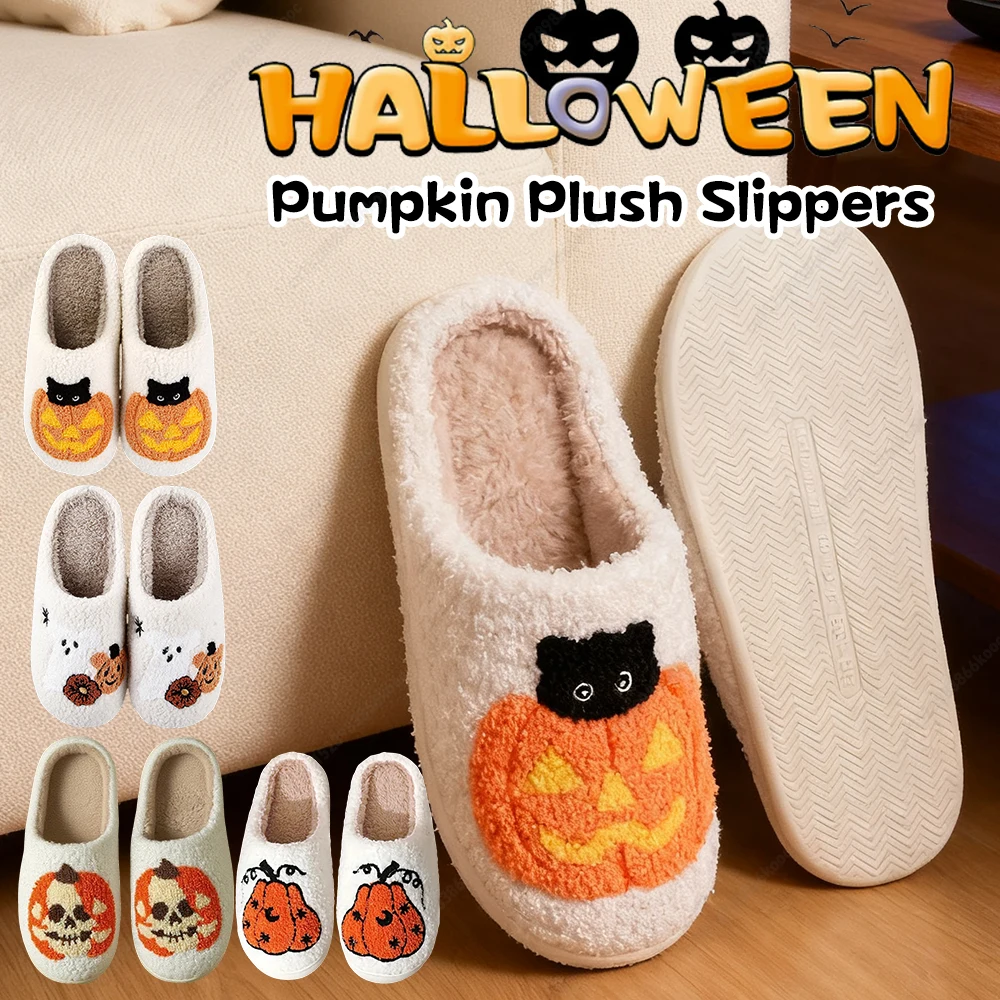 

Anti Slip Comfortable Furry Slippers Halloween Plush Slippers Pumpkin Pattern Warm Slip-On House Shoes Winter Warm Home Shoes
