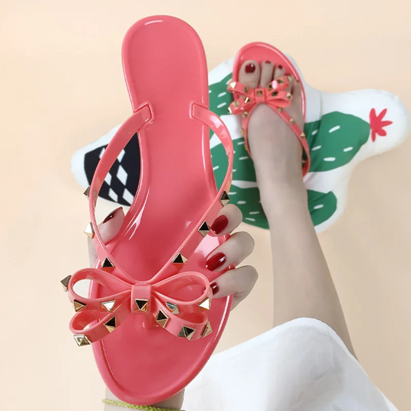 

Women Bow-Knot Slippers Flat Shoes Lock Studded Rivets Purple Watermelon Red Outdoor Pvc Plastic Slides 36-42 26cm Cheap Pricing