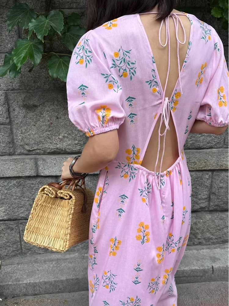 South korea Chic Summer  Design Backless Lace-up High Waist Slimming Short sleeve Back Slit Floral Dress Women