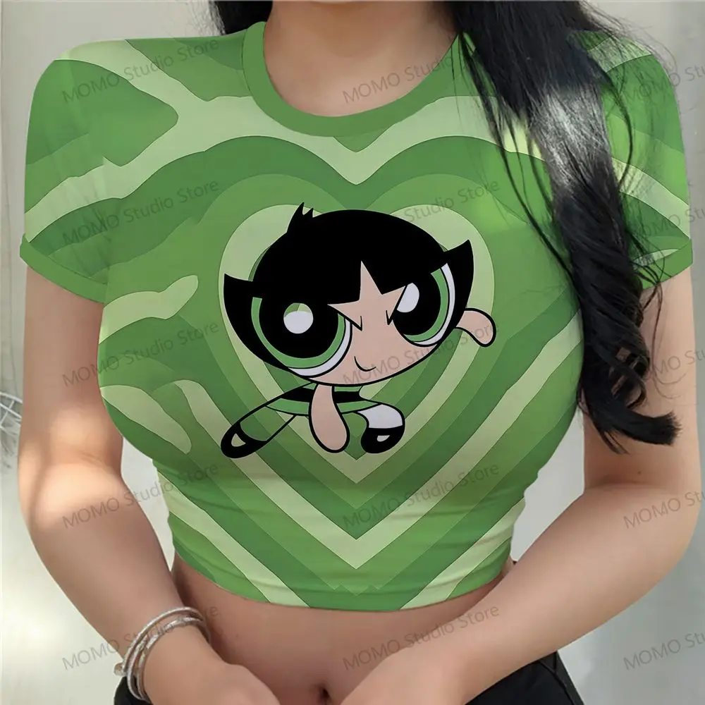 Tshirt Women\'s T-Shirt The Powerpuff Girls Crop Top Clothing 2024 Y2k XS-3XL Woman Clothes Short Sleeve Tops Leisure Kawaii Cute