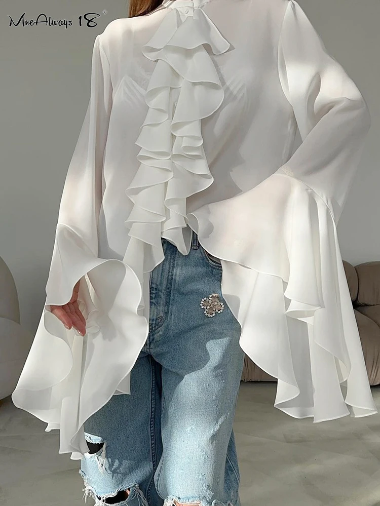 

Mnealways18 Chiffon White Ruffled Shirts For Women Flare Sleeve Oversize Laminated Flounces Elegant Blouses And Tops Spring 2024