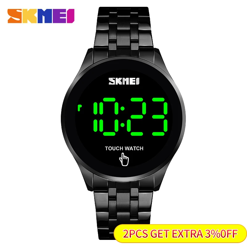 SKMEI Fashion Touch Screen LED Light Display 30M Waterproof Stainless Steel Strap Simple Men Digital Watch Relojes para hombres