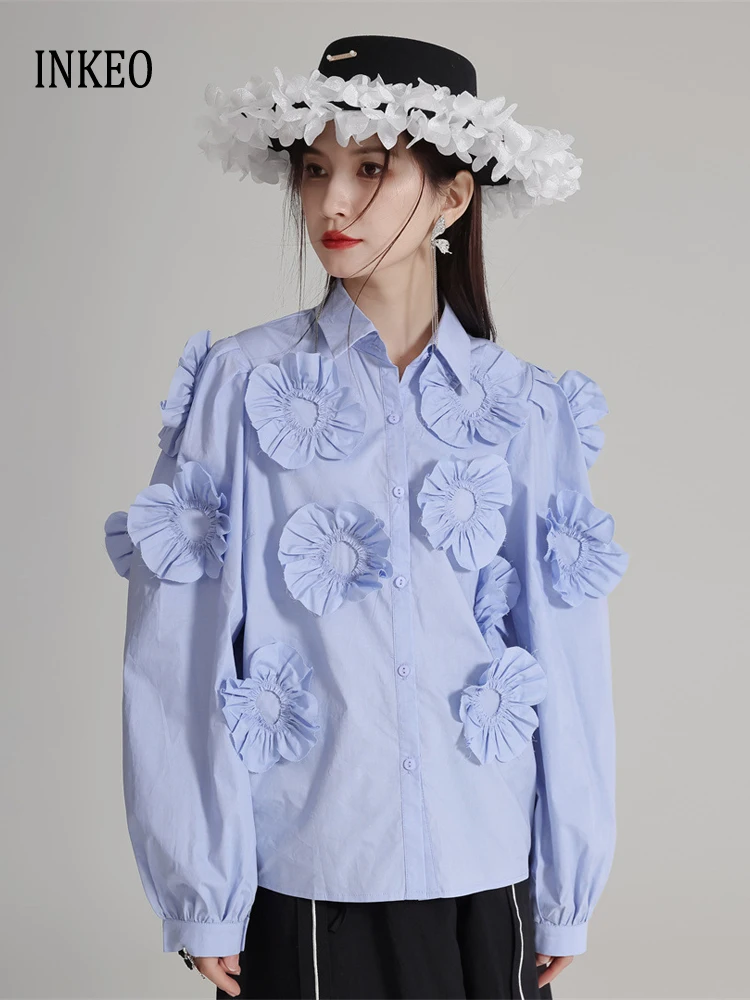 Design Women's 3D floral blouse 2024 New Blue Long puff sleeve shirt High quality tops Loose Black White INKEO 4T180