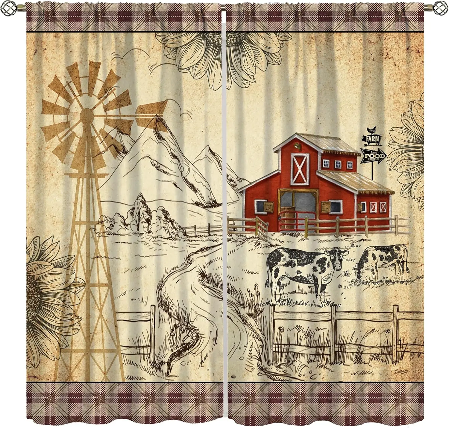Retro Farm Cow Curtain for Bedroom,Vintage Brown Plaid Windmill Sunflower Country Farm Wildlife Cow Cottage Window Drapes for