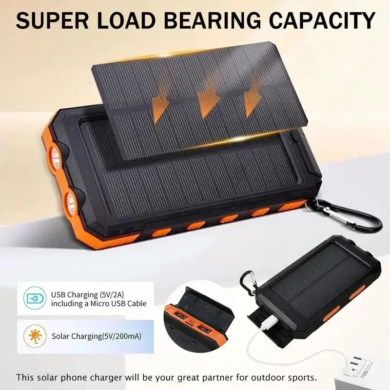 Outdoor Solar Power Bank 10000mAh Compass Flashlight Waterproof USA Shipped