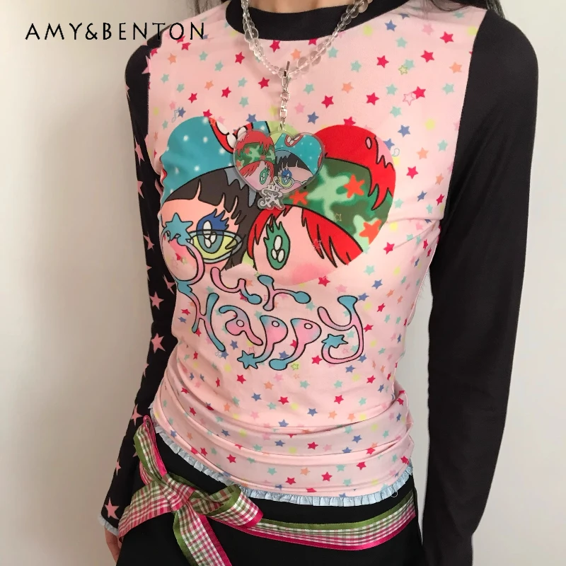 

2025 Japanese Women's Tops Spring And Summer New Versatile Printed Thin Fashion Elastic Cartoon Lace Girl Long Sleeves T-Shirts