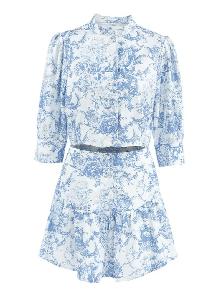 LIinar Chinese-Style Small Stand-Up Collar Printed Fitted Short-Sleeve Skirt Set 2026 Fall Fashion New Two-Piece Set for Women