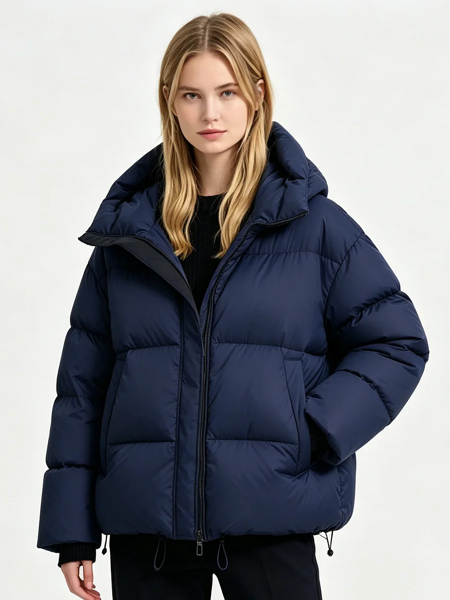LIMO Women Hooded  Jacket Zip Up Drawstring Collar Loose Short Warm Winter Outerwear Side Pockets Casual Ladies Down Coat