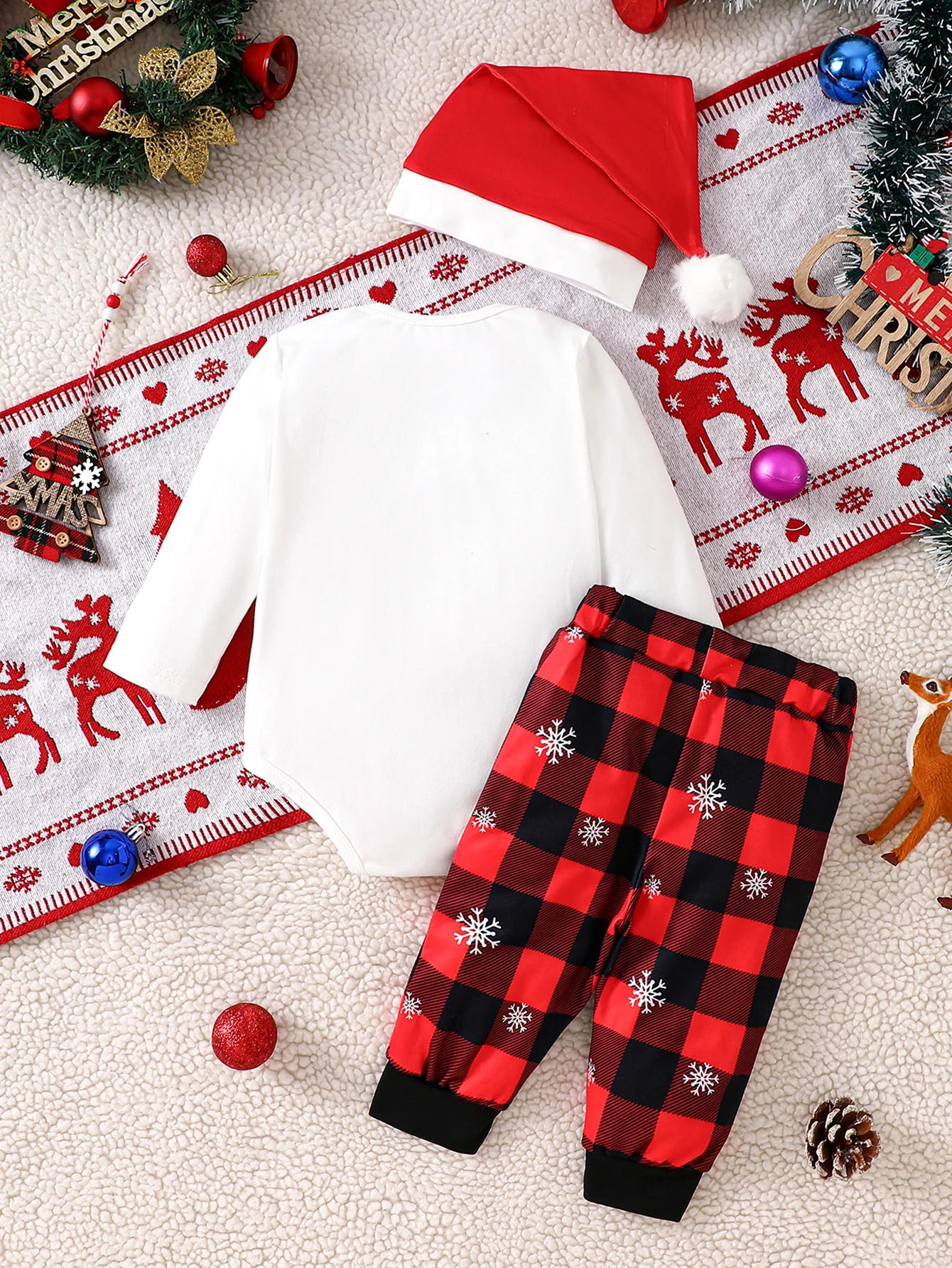 IURNXB My First Christmas Baby Outfits Set 3PCS Newborn Long Sleeve Romper+Plaid Pants+Santa Hat for Infant Holiday Wear 1-18M