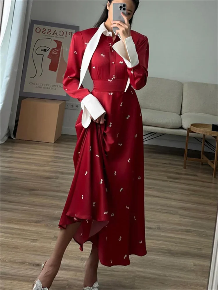 Tossy Elegant Satin Printed Long Dress Women's High Waist Patchwork Commute Slim Autumn 2024 Contrast Dress Female Maxi Dress