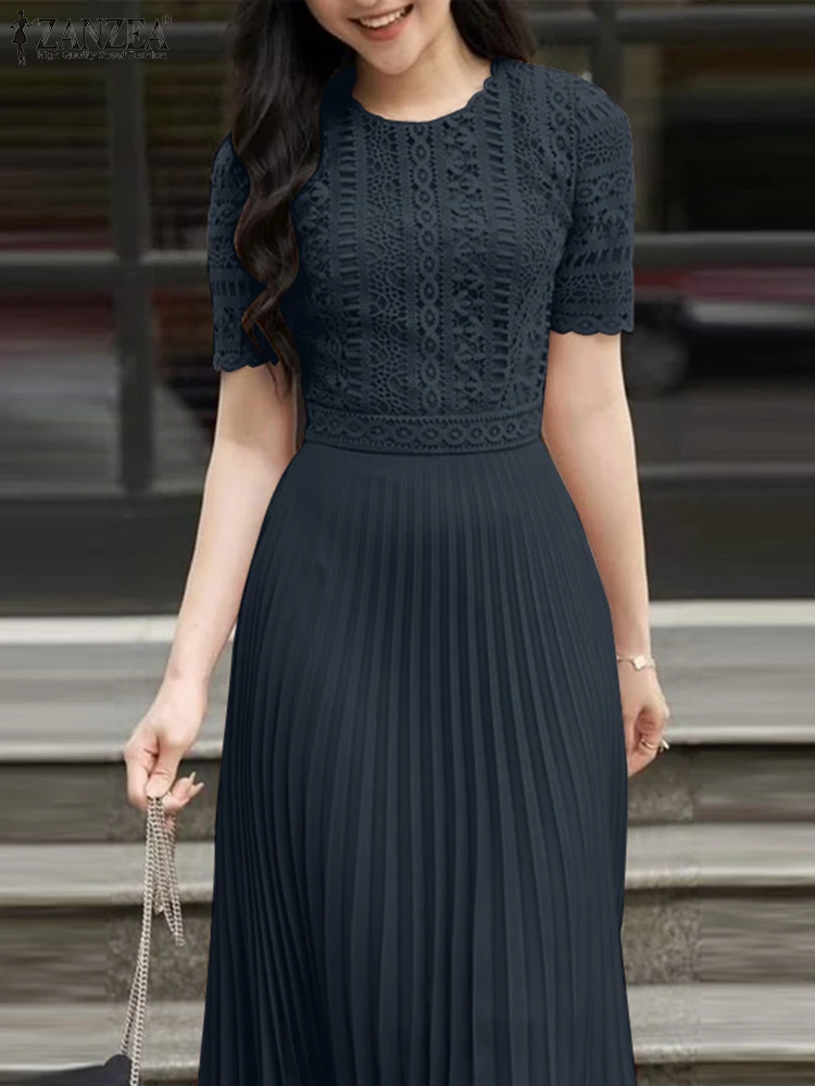 ZANZEA Summer Lace Patchwork Dress Elegant Women Desses 2025 Stylish Party Sundress Fashion Short Sleeve Pleated Work Vestidos
