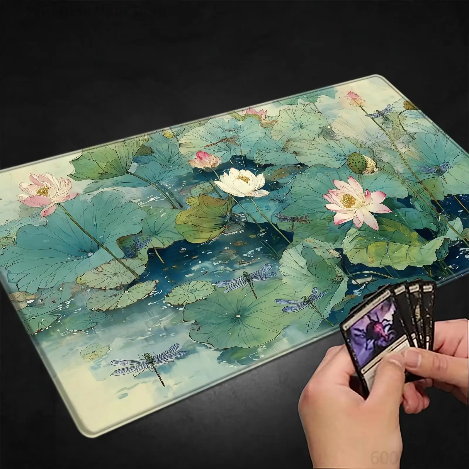 Vintage Lotus Pond Dragonfly Print TCG Playmat  , Non‑Slip Stitched‑Edge Magic Card Game Desk Mat