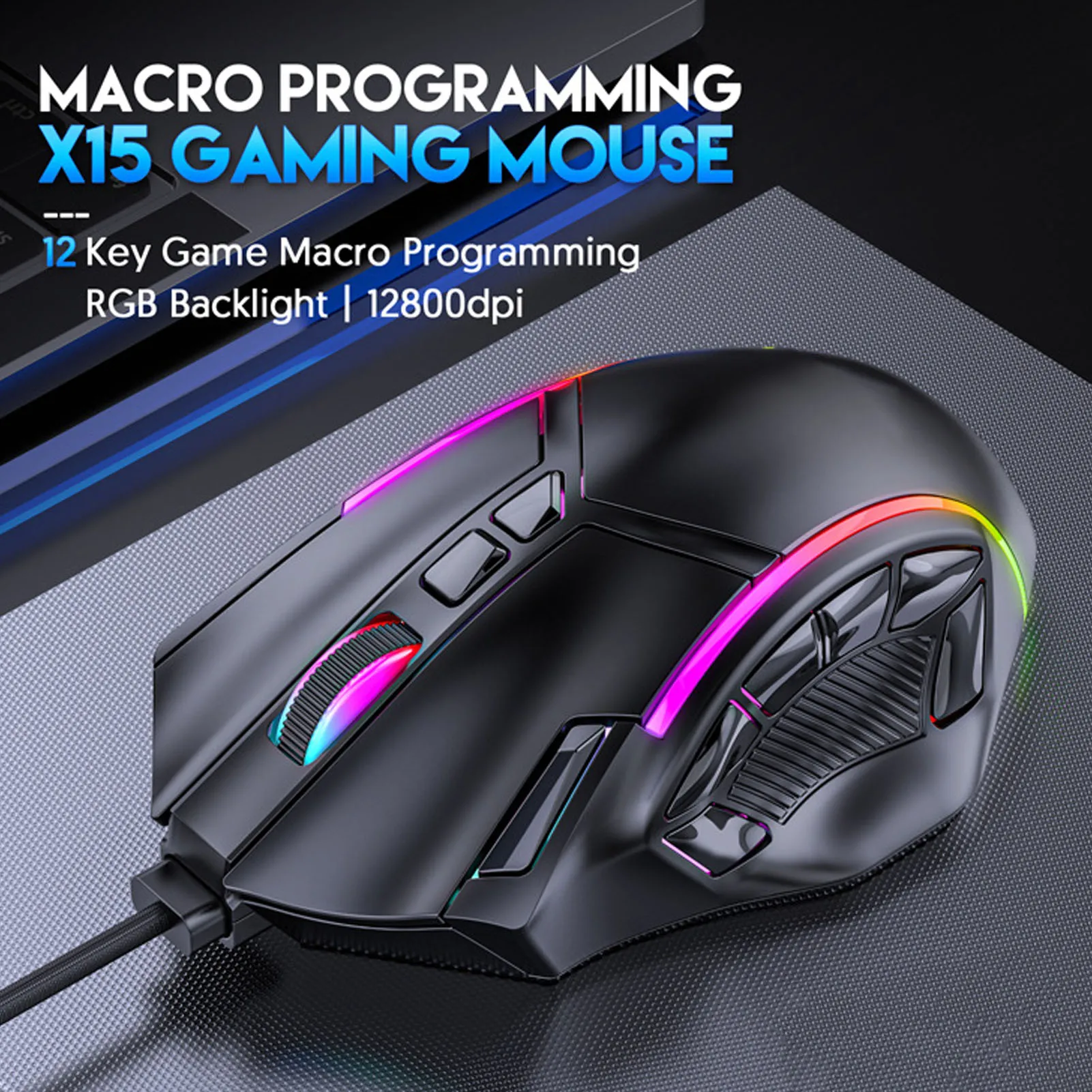 Ratón para juegos RGB de 12800DPI, ratón para juegos con cable RGB, 12800DPI, 12 teclas, definición Macro, accesorios de repuesto para ordenador