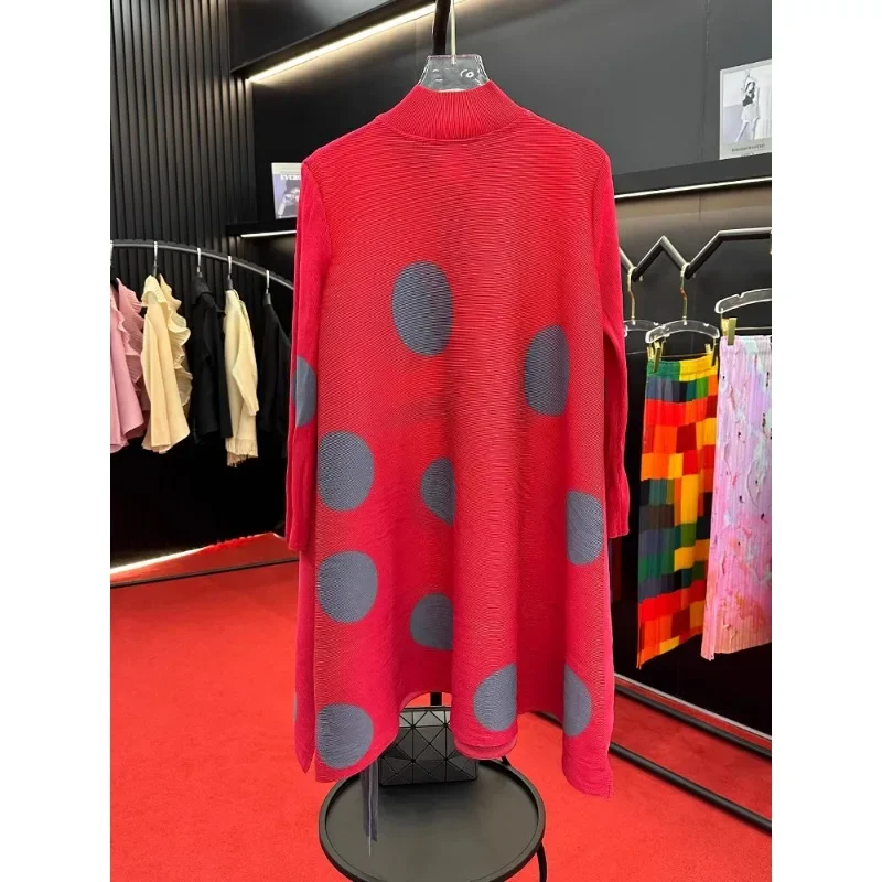 GGHK Pleated Women Dress 2025 Spring Fall New Round Neck Long Sleeve Polka Dot Printed Tie Design Loose Large Size Dresses