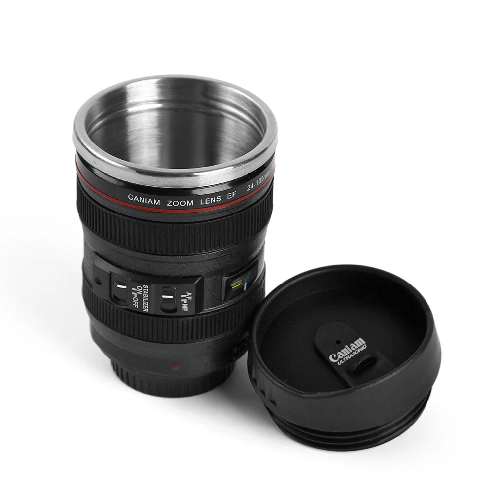 350mL Creative Camera Lens Shape Coffee Tea Mug Stainless Steel Vacuum Flasks Thermal Insulation Cup with Lid