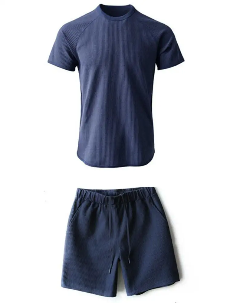 Skin-Friendly 3D Stereo Cutting Texture Breathable Summer High-End Men's Sporty Casual Short Sleeve Shorts Set Polyester Fiber