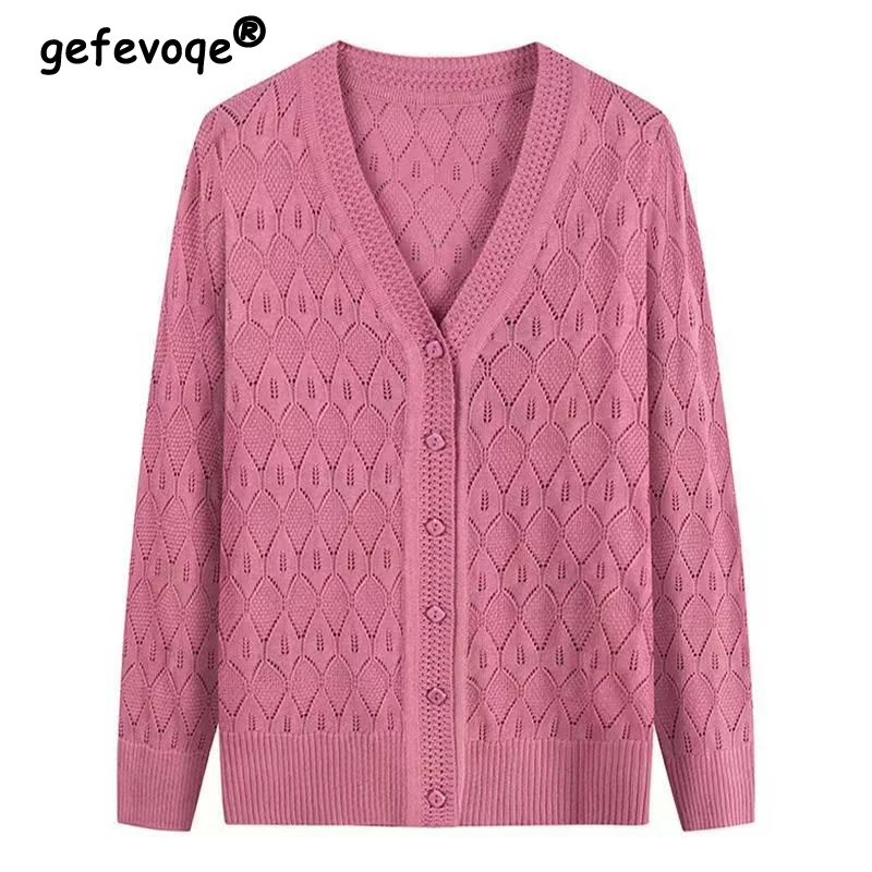 Spring Autumn Women\'s Vintage Simple V Neck Long Sleeve Single Breasted Knitted Cardigan Ladies Casual Hollow Loose Sweater Coat