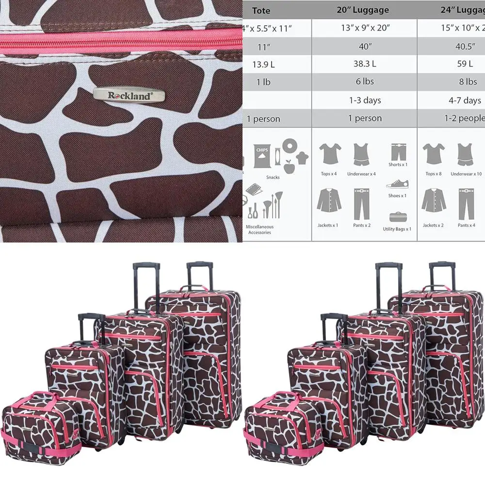 

Набор чемоданов из 4 предметов с принтом розового жирафа и телескопическими ручками: 14, 19, 24, 28, вертикальные чехлы Softside