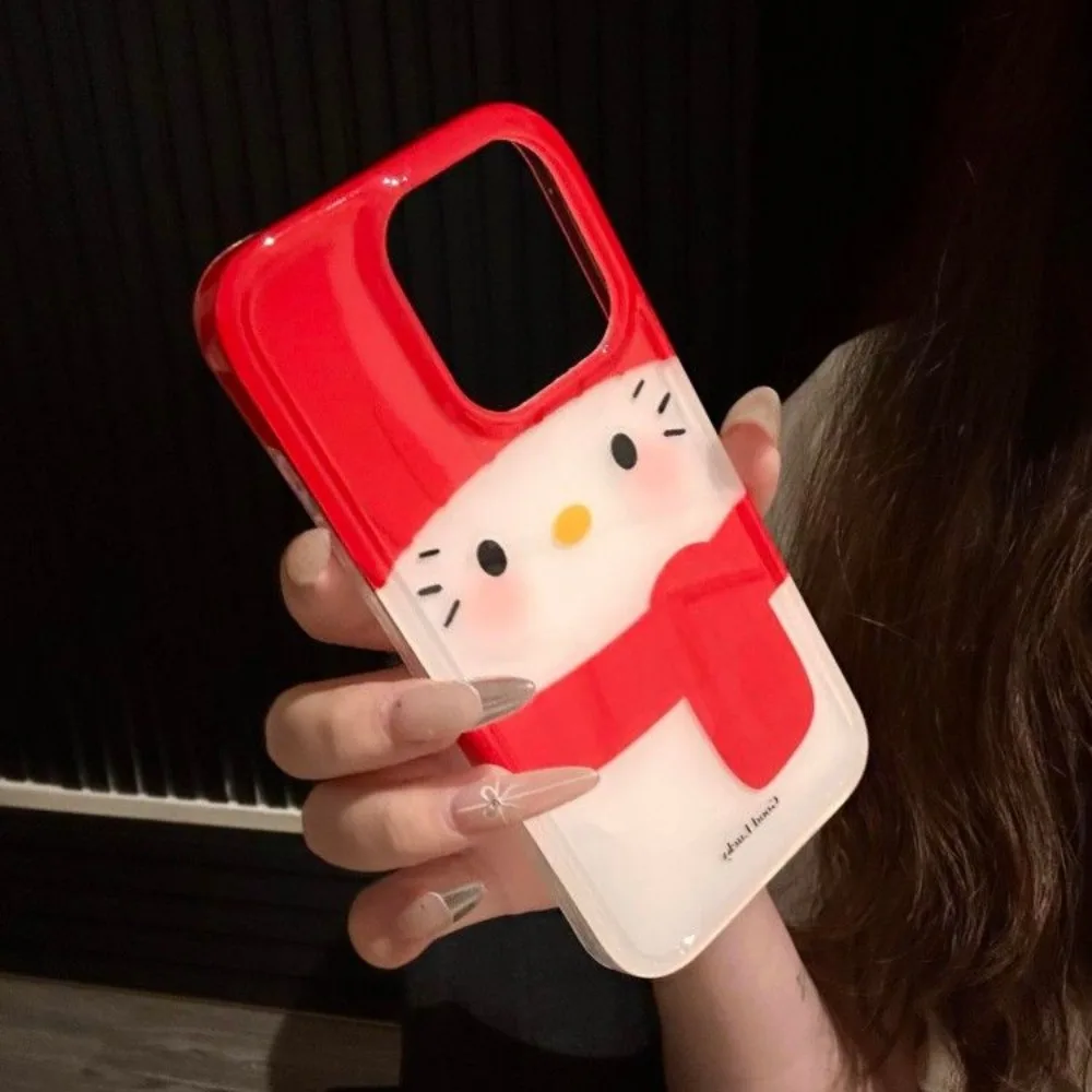 Sanrio Hello Kitty Bow Kawaii funda de teléfono con soporte para IPhone 16 15 14 12 13 11 Pro Max XR XS MAX 7 8 PLUS MINI Y2K bufanda de Navidad