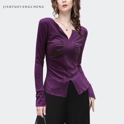 Sexy Skinny Purple Knitted Shirt Women' 2024 Spring Summer Tops Long Sleeve Stretching Pull On Blouses Bottoming Shirts