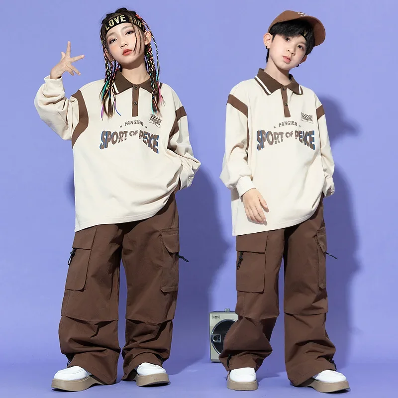 New Boys Hip Hop Long Sleeve T-shirt Girls Loose Cargo Pants Clothes Sets Kids Showing Cool Street Dance Children Jazz Costumes