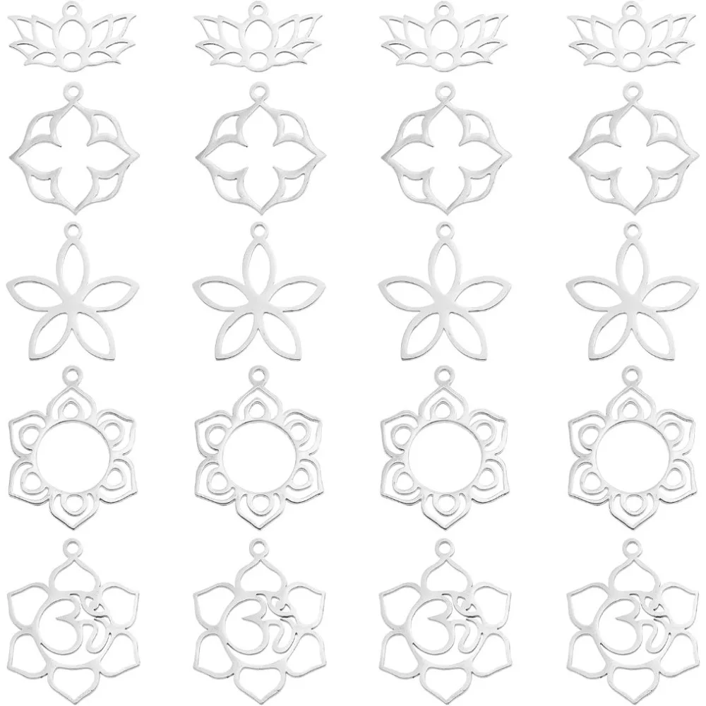 

96pcs 6 Styles Flower Pattern Charms Stainless Steel Pendants Small Hole Flower Pendants for Jewelry Making, Stainless Steel
