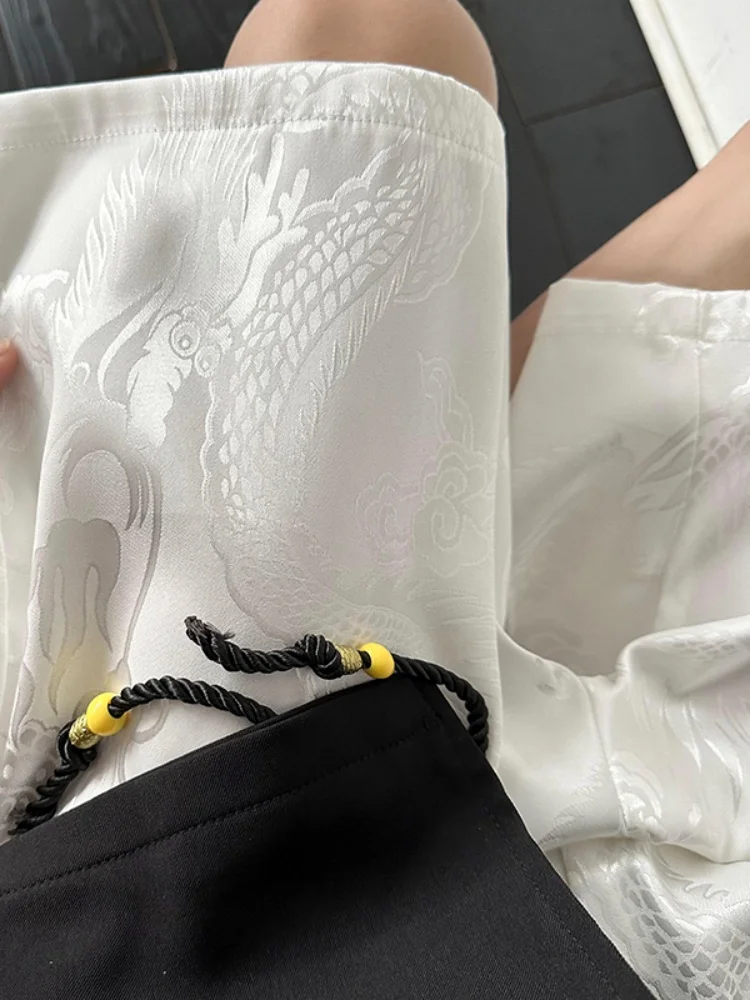 

Ice Silk Embroidered Dragon Wind Pattern Men's orts Summer Thin Straight Leg Casual Loose Fit Five-Quarter Length Pants