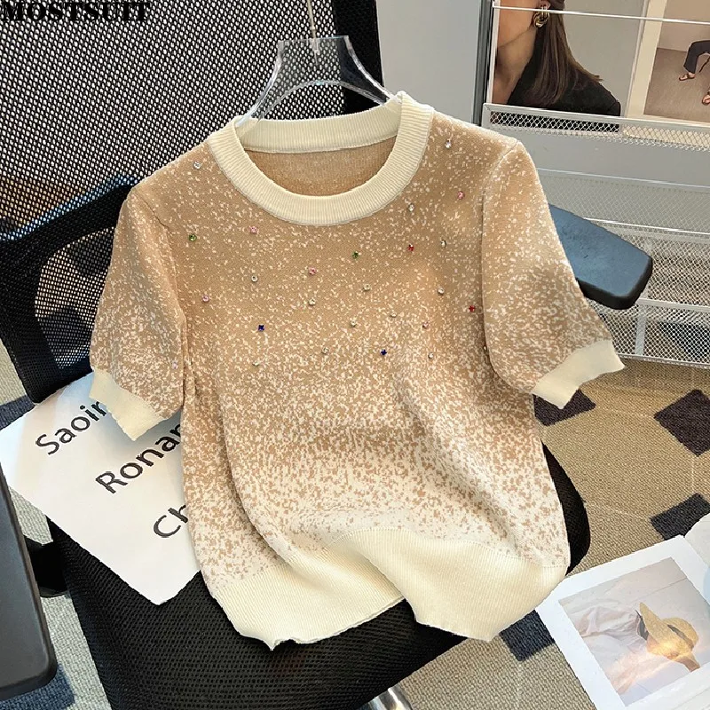 Diamonds Fashion Sweater For Women Knit T-shirt Pullover 2024 Summer Short Sleeve O-neck Casual Loose Ladies Knitwear Jumpers