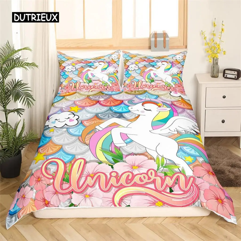 

Cartoon Unicorn Duvet Cover Mermaid Scale Bedding Set Geometric Pattern Comforter Cover Twin Full For Kids Girls Teen Room Decor