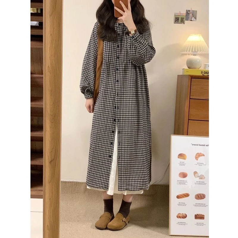 

Retro Plaid Long Sleeved Shirt Dress, Autumn New Style, Lazy Style, Loose and Meat Blocking Dress