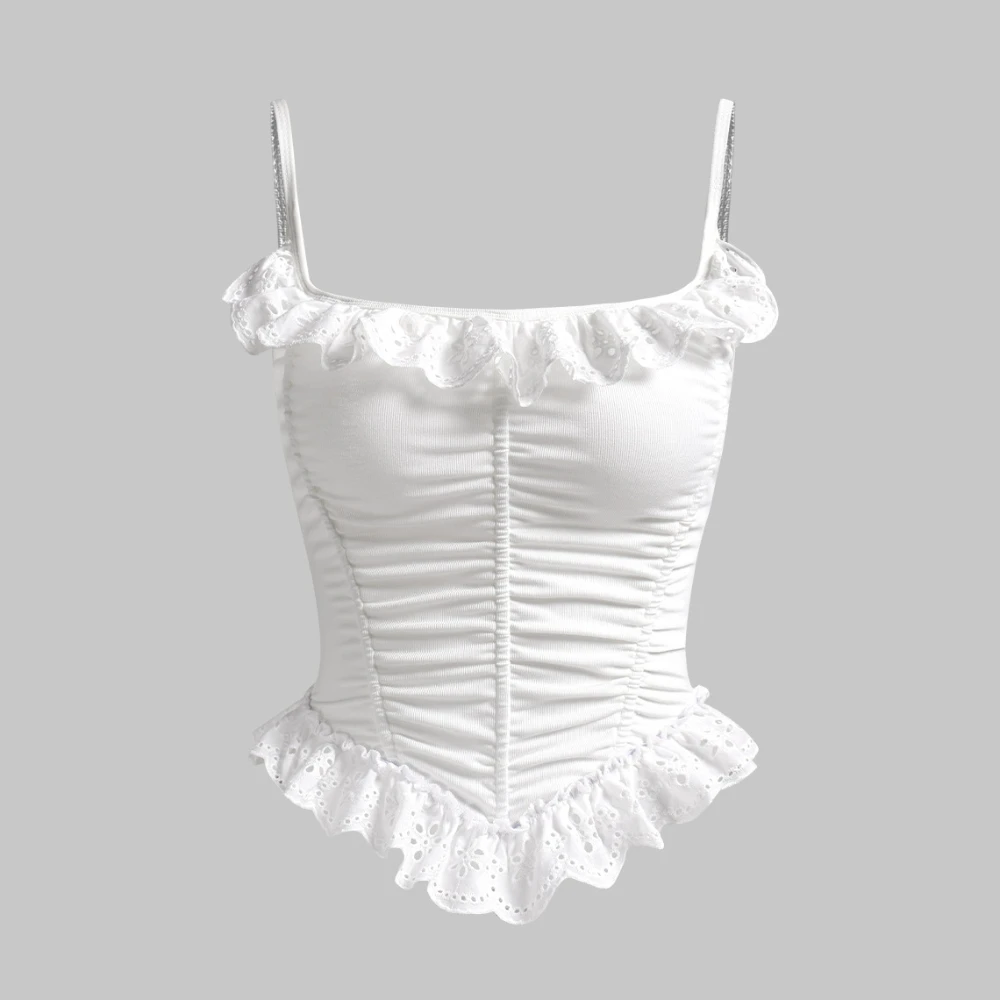 Francuska seksowna dziewczyna Y2K biała koronkowa bluzka z falbanką w stylu Ins, top na ramiączkach w stylu Pure Desire, dopasowany, wyszczuplający top damski, koronkowa kamizelka Pure Desire