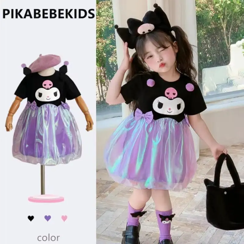 Sanrio Kawaii Kuromi Cartoon Girls Mesh Bud Dress Summer Anime Girly Heart Cute Sweet Kids Abito da principessa a maniche corte