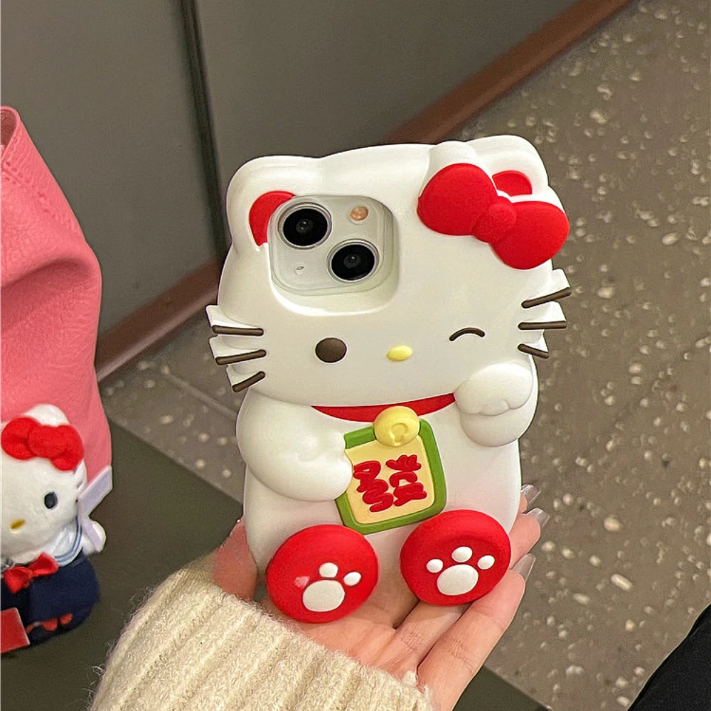 Kawaii Lucky Hello Kitty Shockproof Phone Case for IPhone 12 13 14 15 Pro Max Sanrio Anime 3D Soft Maneki-neko Protective Cover