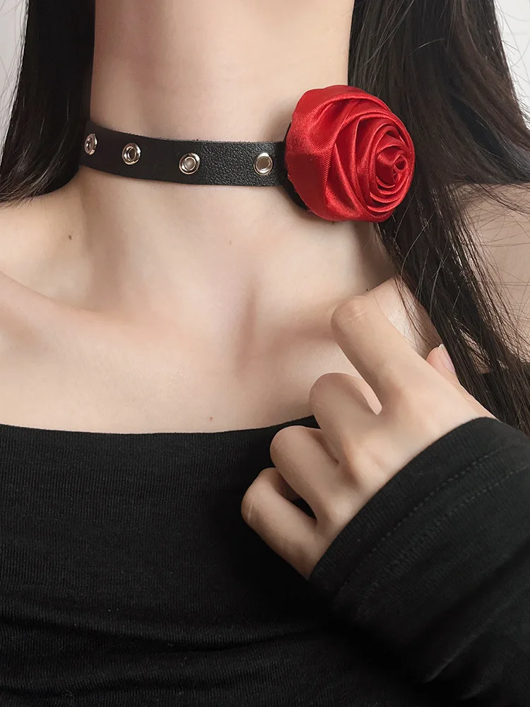Punk Goth Rose On The Neck Flower Choker For Women Collars Designer Leather Neck Decoration Gothic Jewelry Flower Accessories