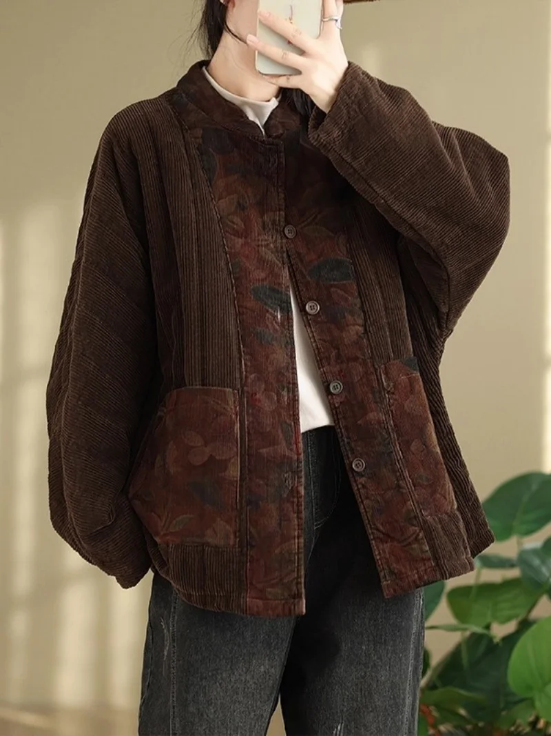 Ethnic Style Retro Patterned Spliced Corduroy Cotton Jacket For Women Winter Thick And Warm Short Quilted Coat Outerwear W896