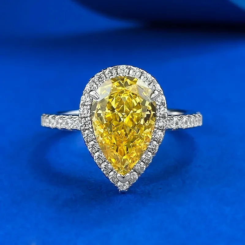 S925 Silver High Carbon Diamond 7 * 11 Water Drop Yellow Diamond Redion Ring Cross Border One Piece Hair Collection for Women