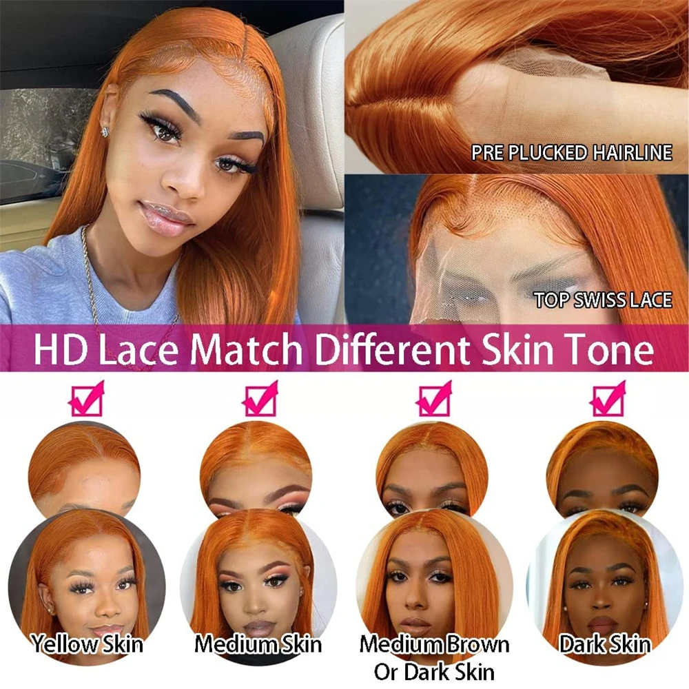 Peluca Frontal de encaje naranja jengibre, pelucas frontales 13x6, peluca transparente de cabello humano para mujeres, cabello humano liso de hueso 13x4, encaje Frontal Wi