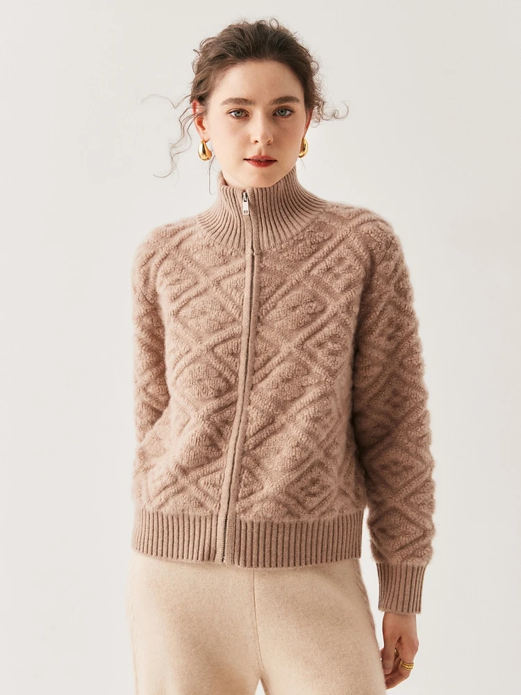 Estilo francês mesmas roupas outono inverno camisola cardigan feminino 100% camisola de caxemira alta pescoço toalha bordado casaco de malha quente