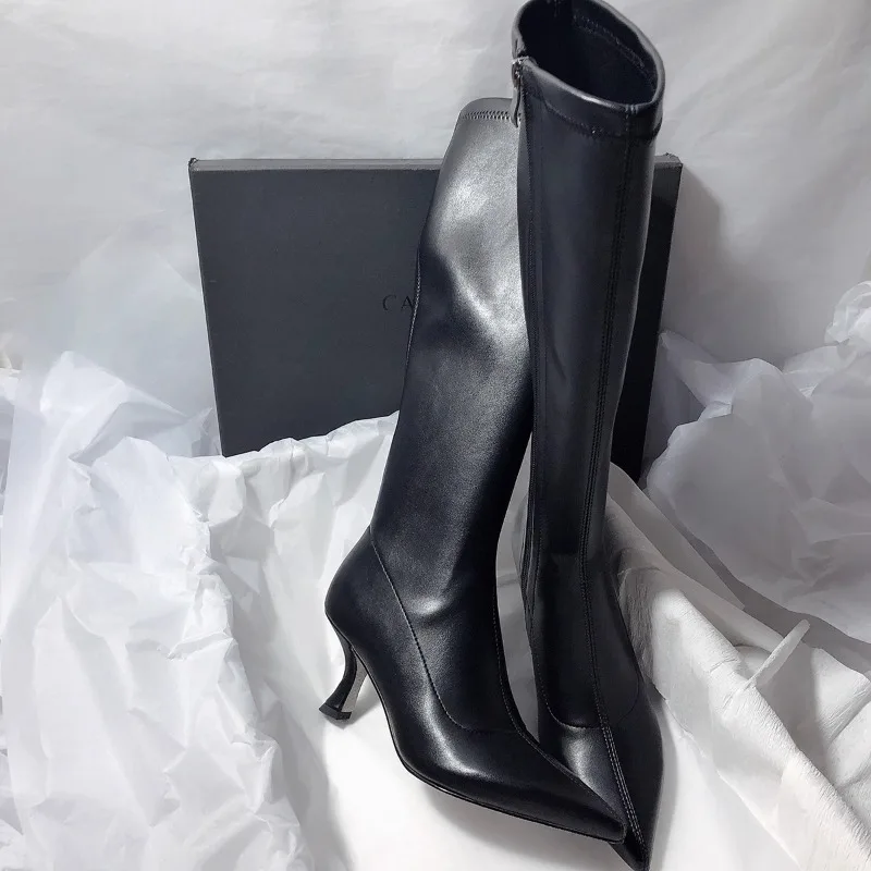 

New Style Thin High Heel Women Boots Pointed Toe Women's High Tube Long Boots Zip Boots Mujer Solid Color Sexy Botas Mujer