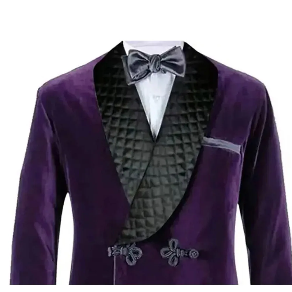 Formal Elegant Men\'s Suits Double Breasted Shawl Lapel Purple Velvet Costume Homme Luxury Smoking Blazer 1 Piece Jacket